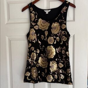 Garnet Hill black and gold sequined floral tank top size small